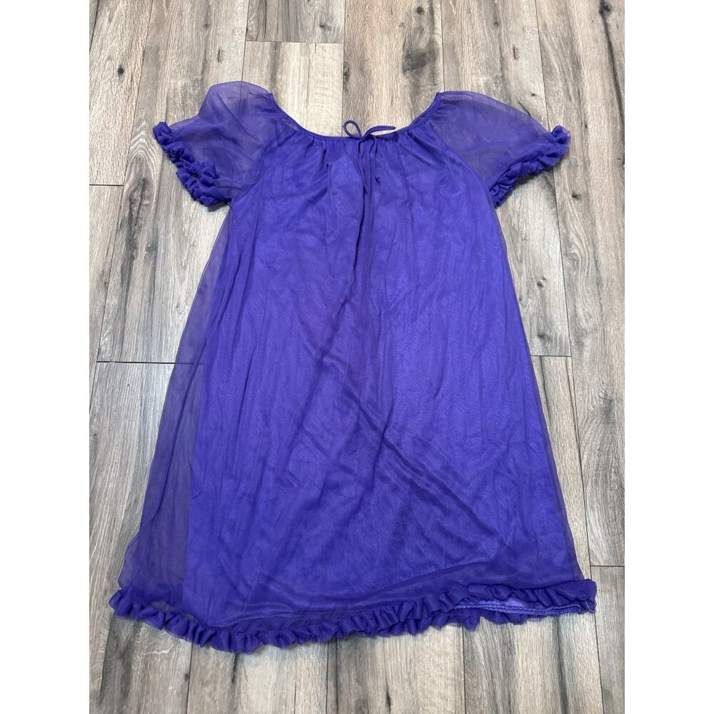 Vintage Elissa Purple Sheer Nightgown With Puff Sleeves & Ruffle Hem Medium Nylo